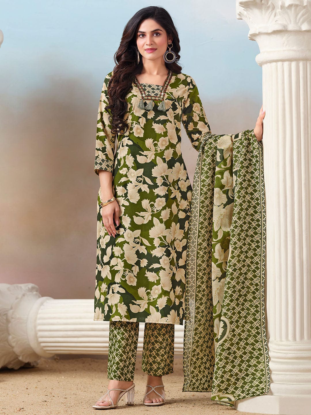 Floral Printed Kurta with Mirror Detailing Paired with Printed Trouser And Dupatta