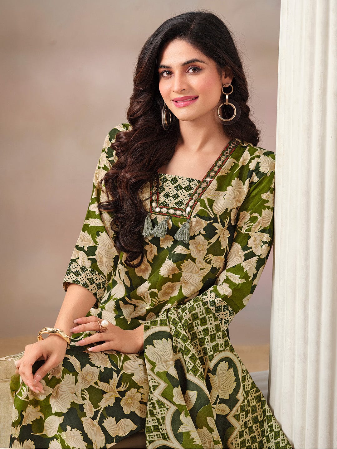 Floral Printed Kurta with Mirror Detailing Paired with Printed Trouser And Dupatta