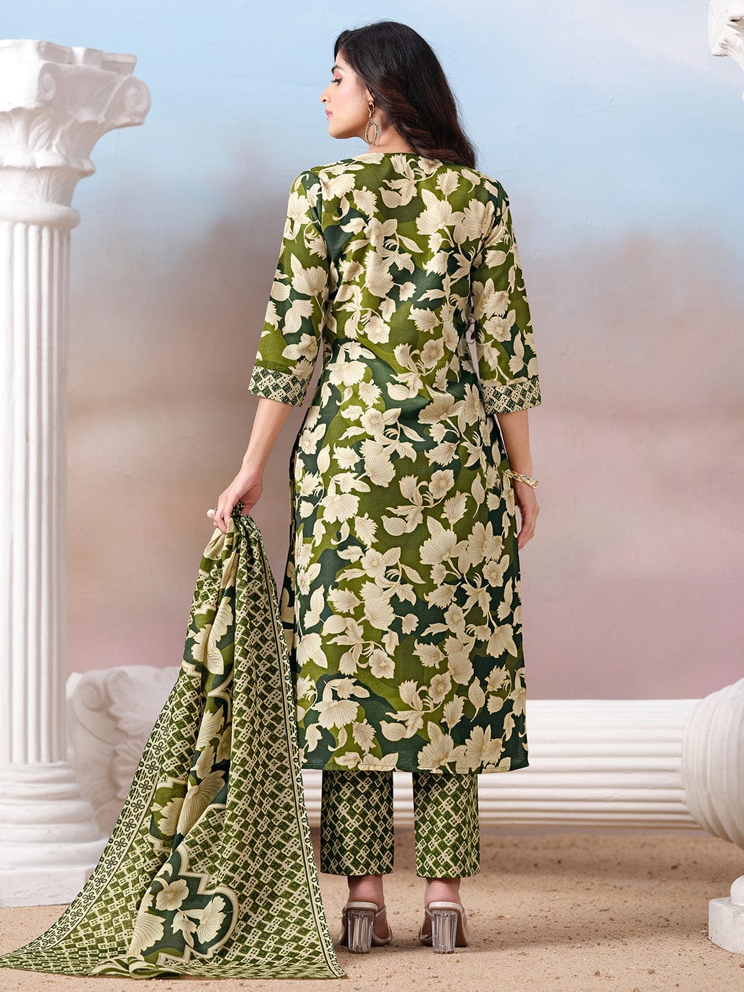 Floral Printed Kurta with Mirror Detailing Paired with Printed Trouser And Dupatta
