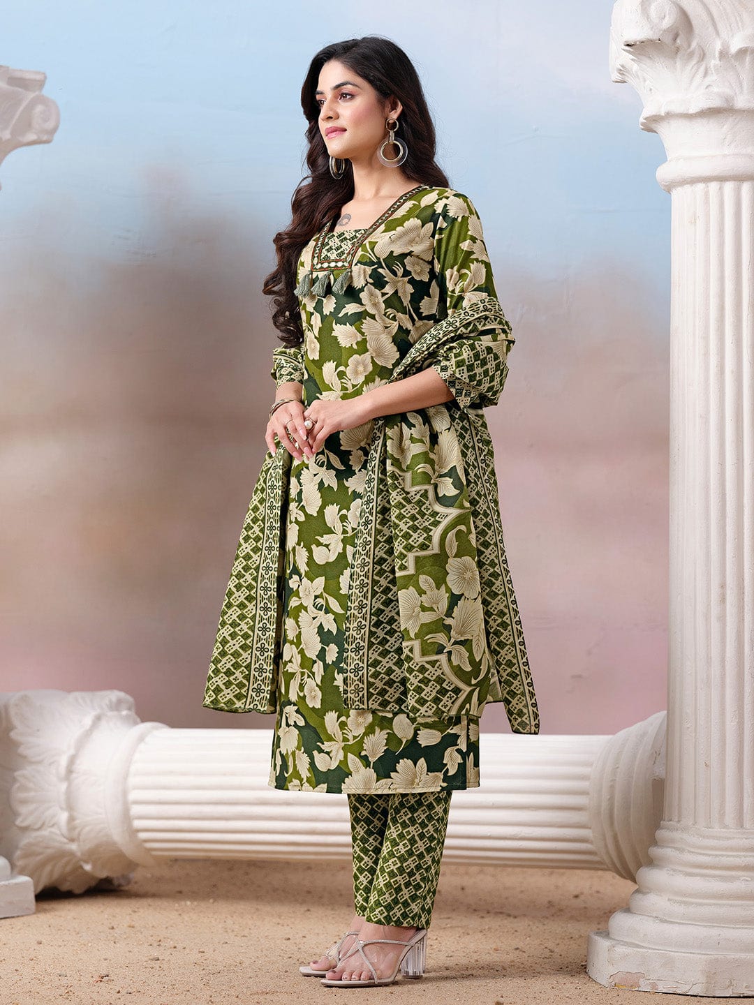 Floral Printed Kurta with Mirror Detailing Paired with Printed Trouser And Dupatta