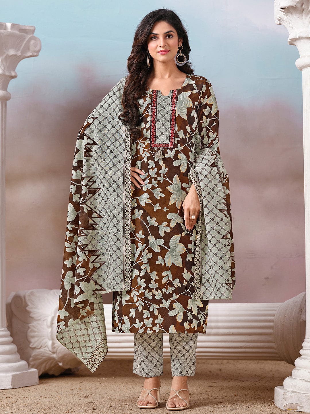Floral Printed Kurta with Mirror Detailing Paired with Printed Trouser And Dupatta