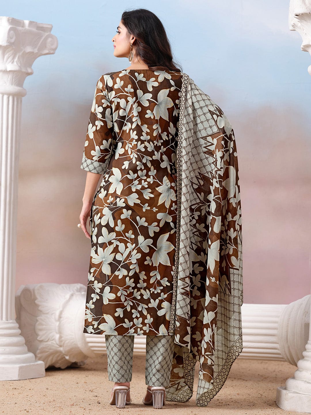 Floral Printed Kurta with Mirror Detailing Paired with Printed Trouser And Dupatta