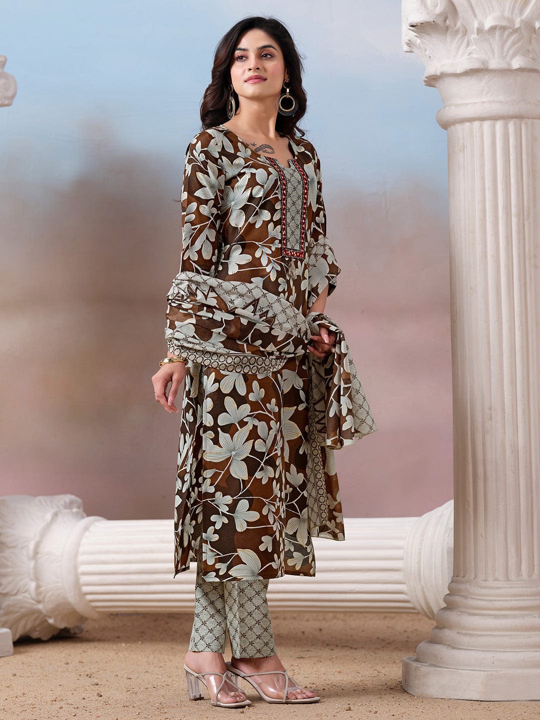 Floral Printed Kurta with Mirror Detailing Paired with Printed Trouser And Dupatta