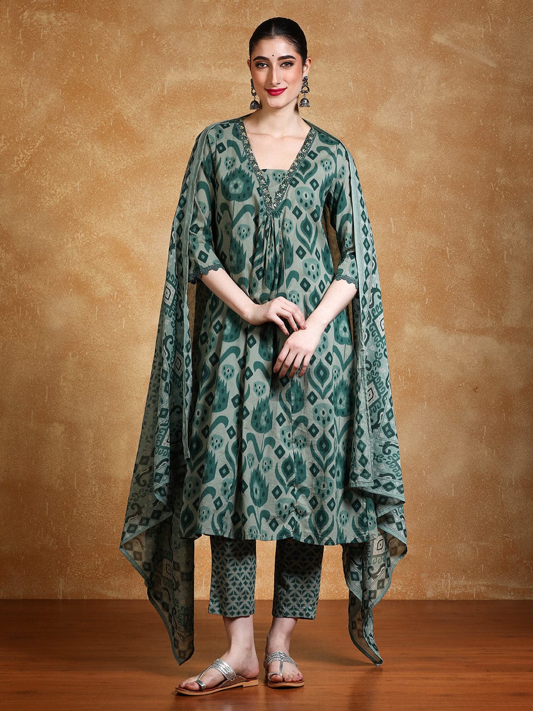 Ikat Printed Thread Embroidered Flared Kurta with Trouser & Dupatta