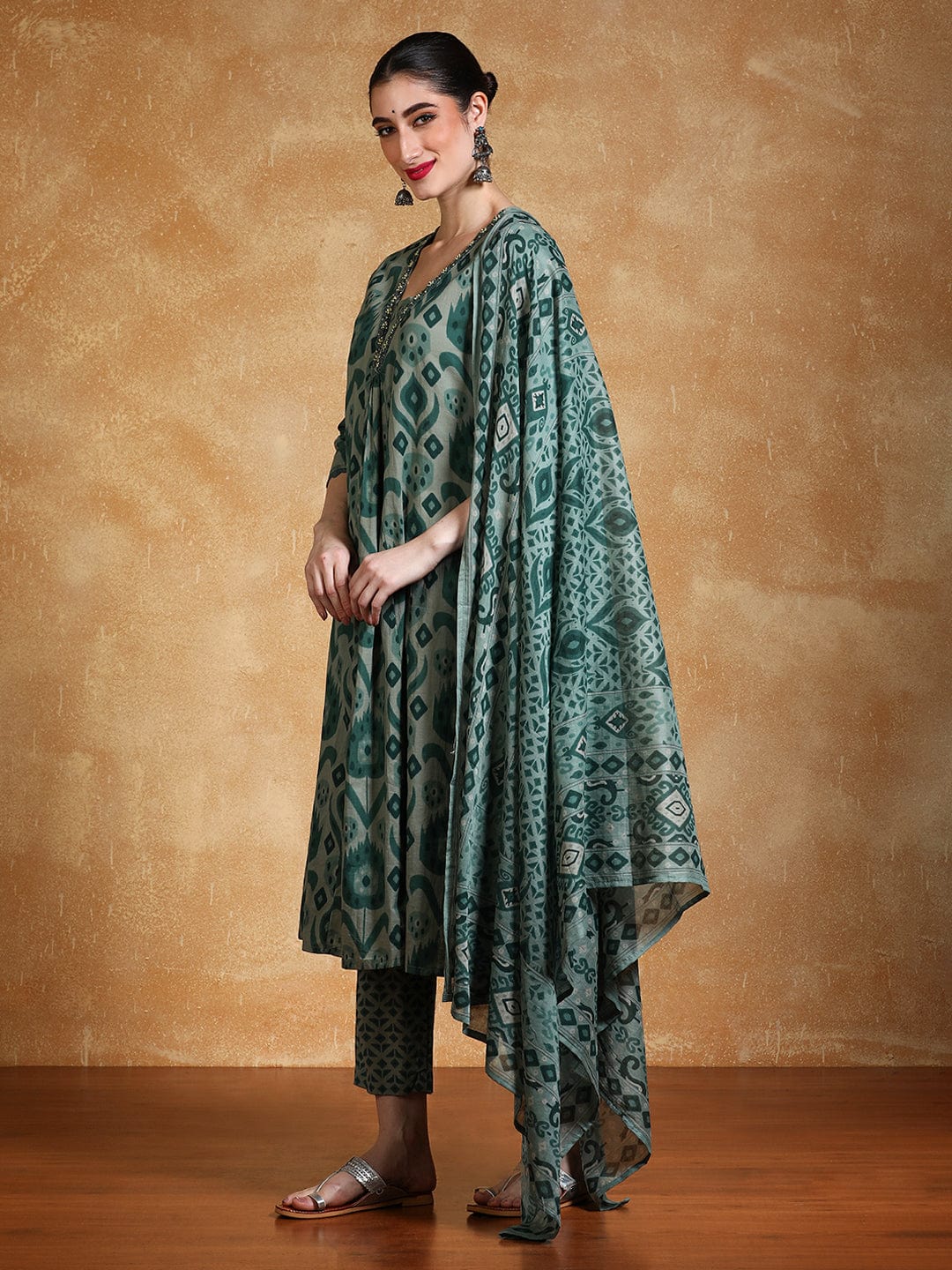 Ikat Printed Thread Embroidered Flared Kurta with Trouser & Dupatta