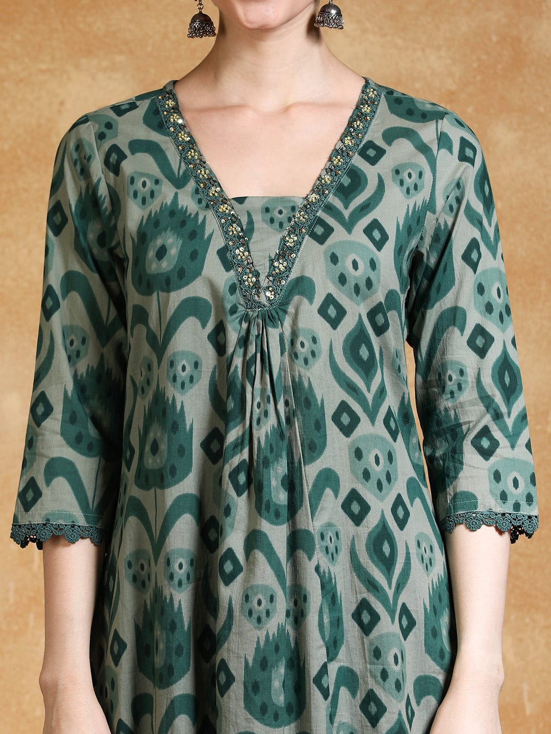 Ikat Printed Thread Embroidered Flared Kurta with Trouser & Dupatta