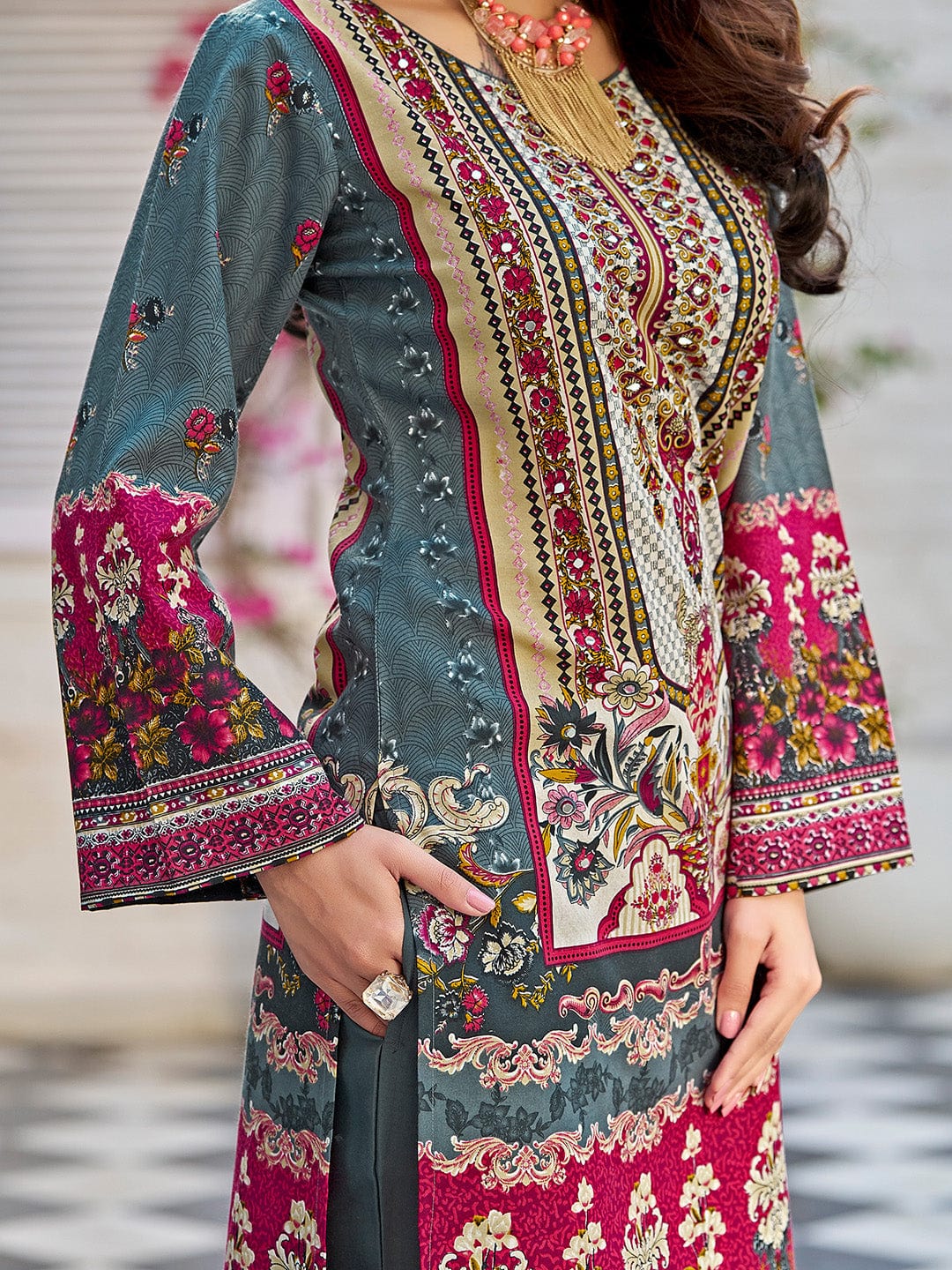 Varanga Women Ethnic Floral Mirror Embroidered Pakistani Kurta With Trouser & Dupatta