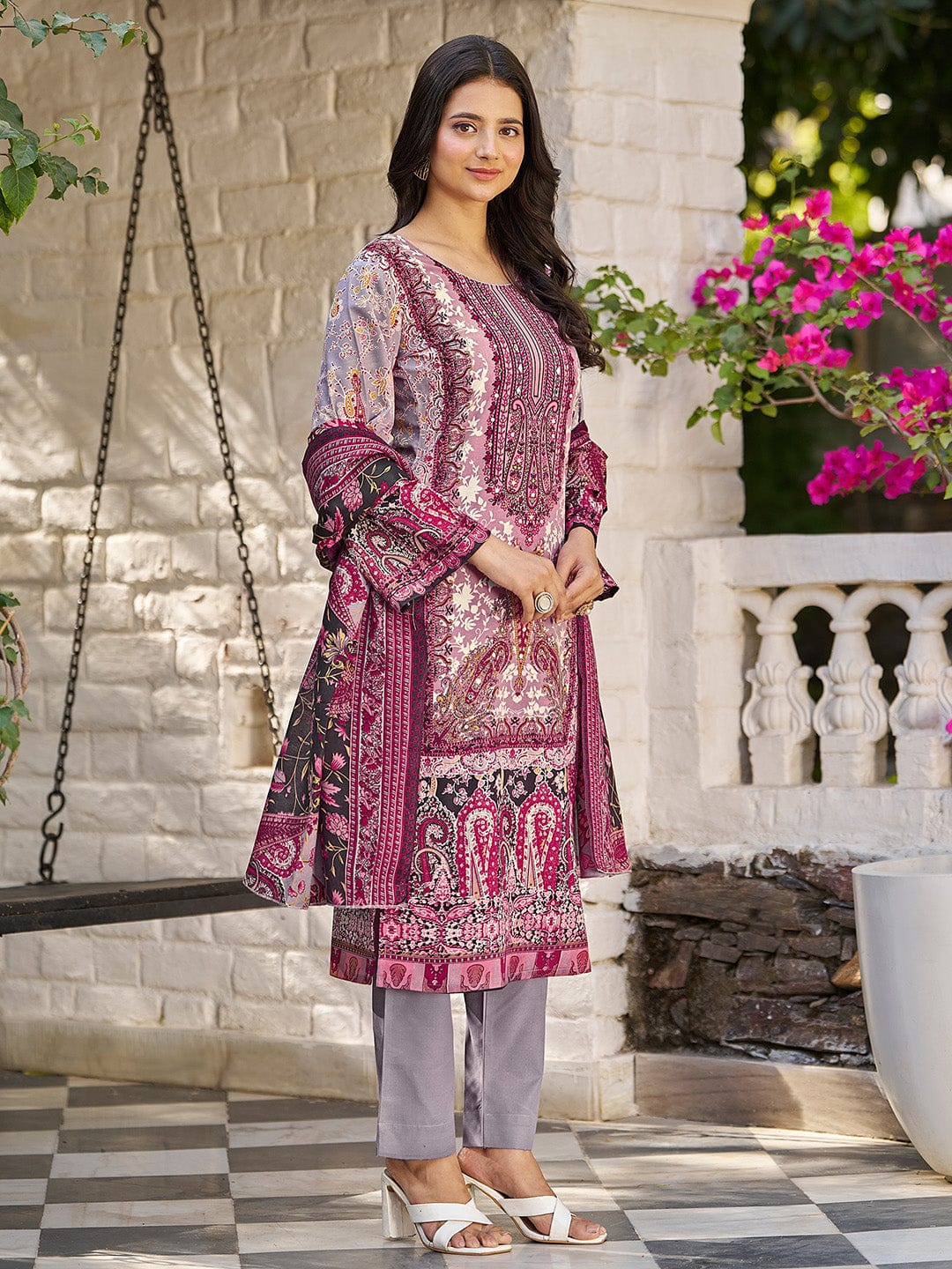 Varanga Women Ethnic Floral Mirror Embroidered Pakistani Kurta With Trouser & Dupatta