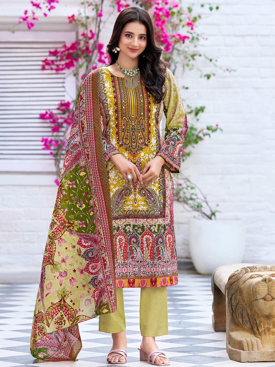 Varanga Women Ethnic Floral Mirror Embroidered Pakistani Kurta With Trouser & Dupatta
