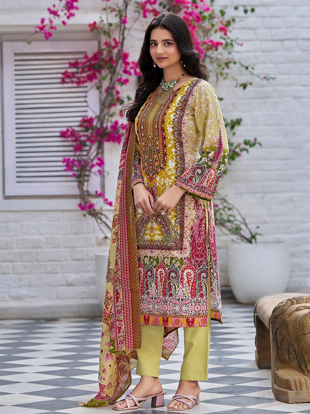 Varanga Women Ethnic Floral Mirror Embroidered Pakistani Kurta With Trouser & Dupatta