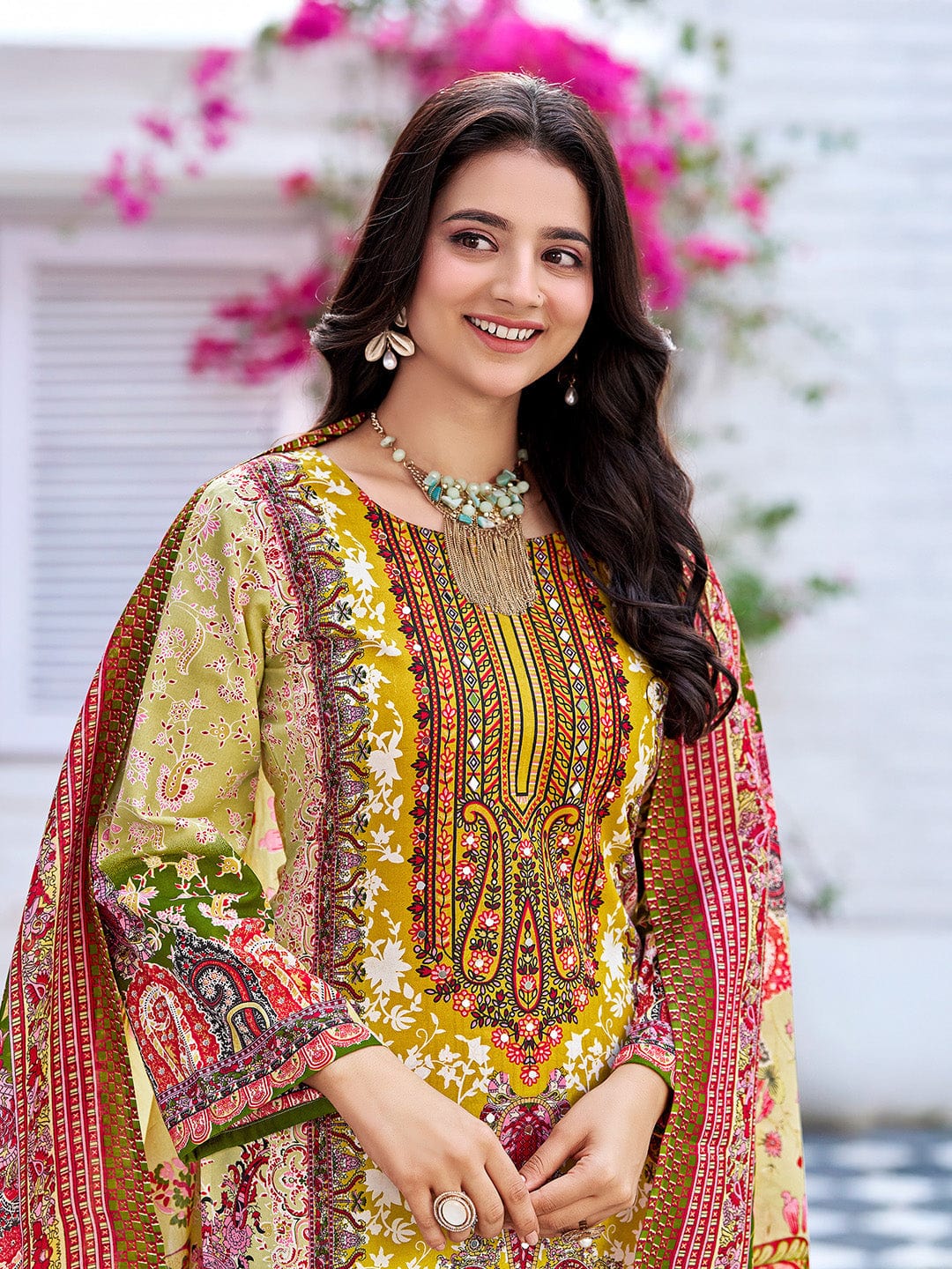 Varanga Women Ethnic Floral Mirror Embroidered Pakistani Kurta With Trouser & Dupatta