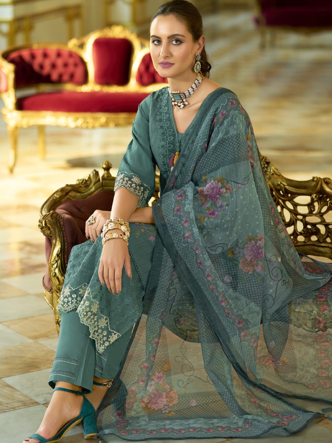 Varanga Women-Floral Motif Thread Embroidered Schiffli & Orangza Lace Detailed Kurta With Trouser & Dupatta