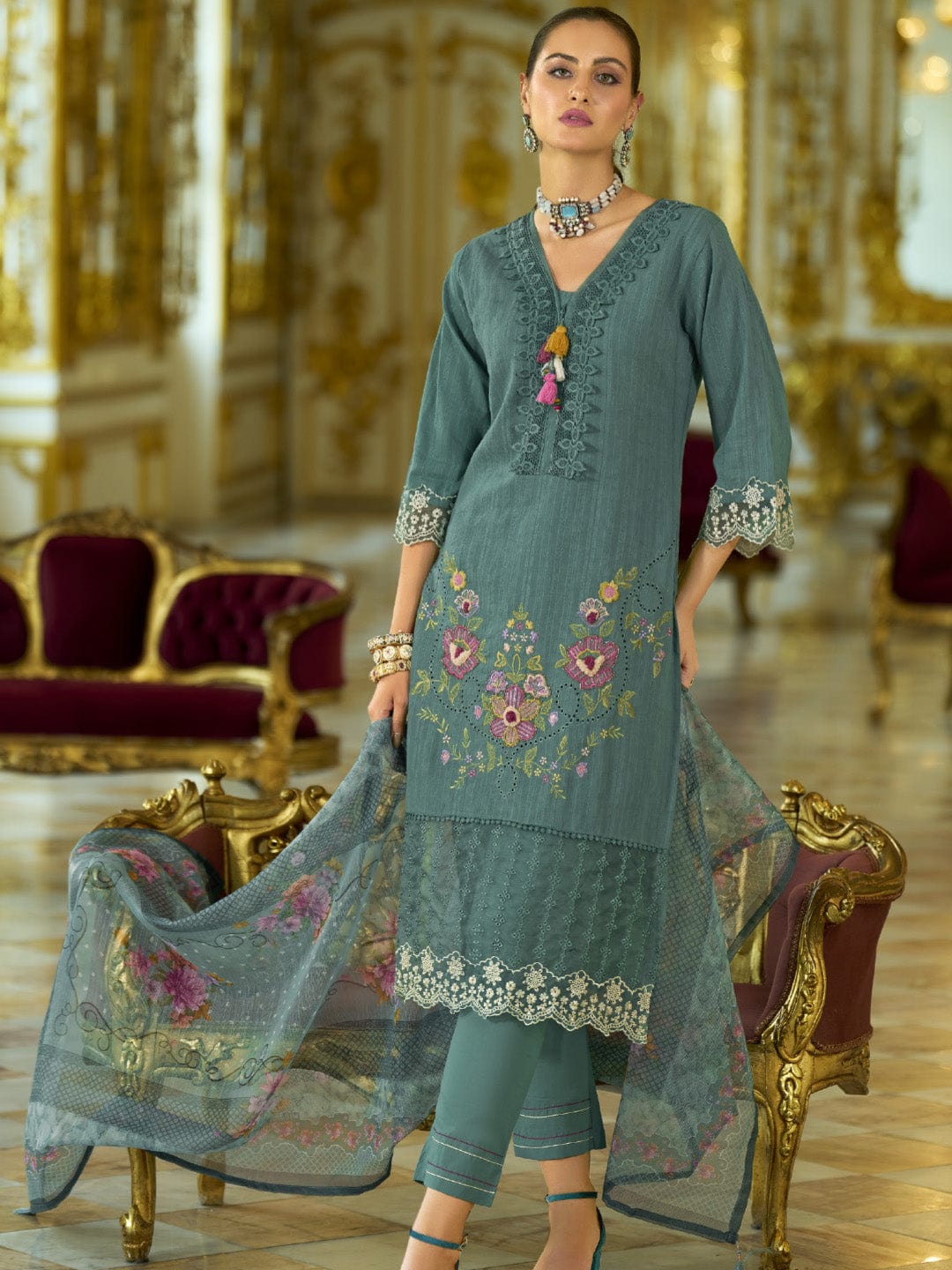 Varanga Women-Floral Motif Thread Embroidered Schiffli & Orangza Lace Detailed Kurta With Trouser & Dupatta