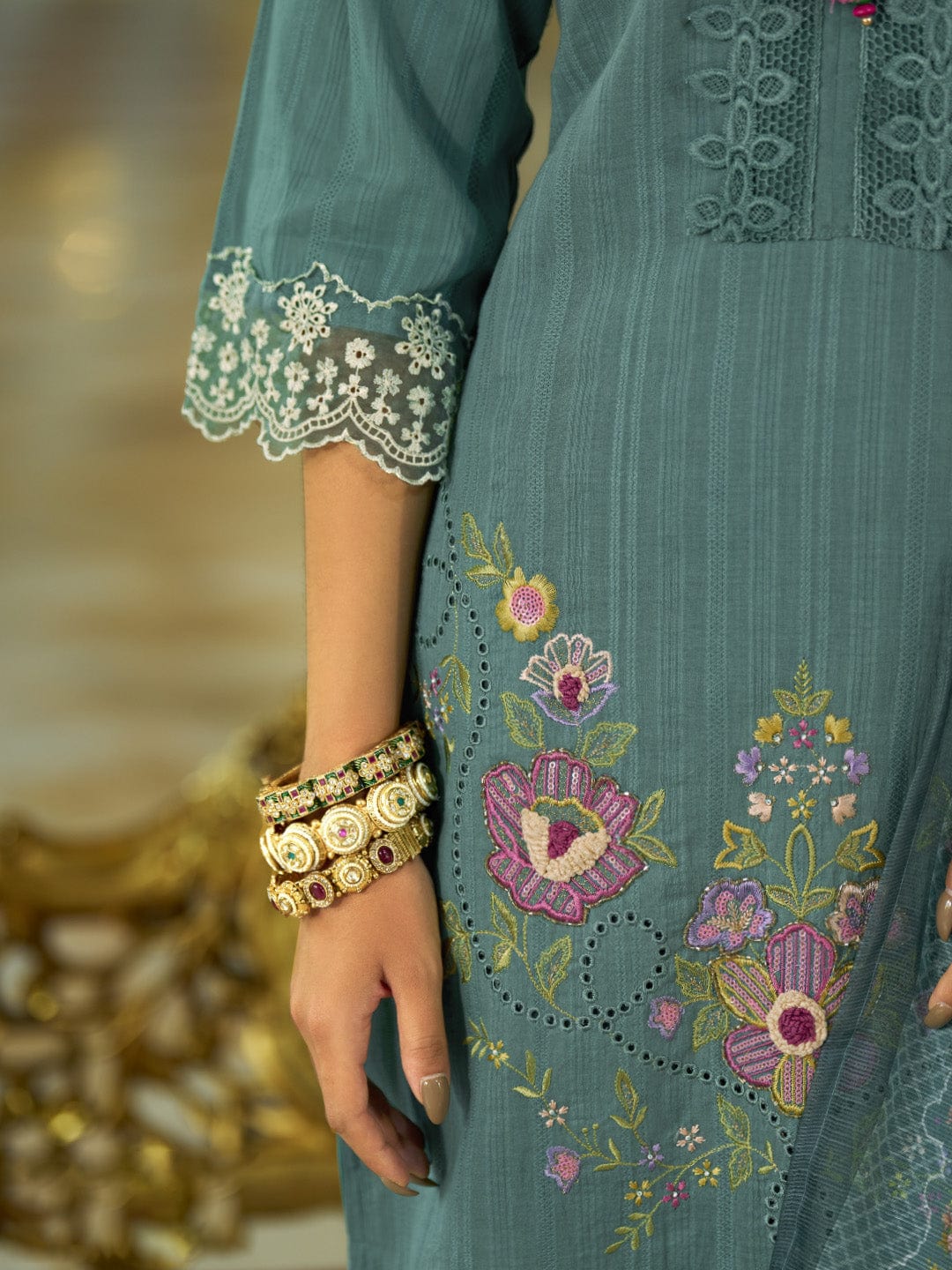 Varanga Women-Floral Motif Thread Embroidered Schiffli & Orangza Lace Detailed Kurta With Trouser & Dupatta
