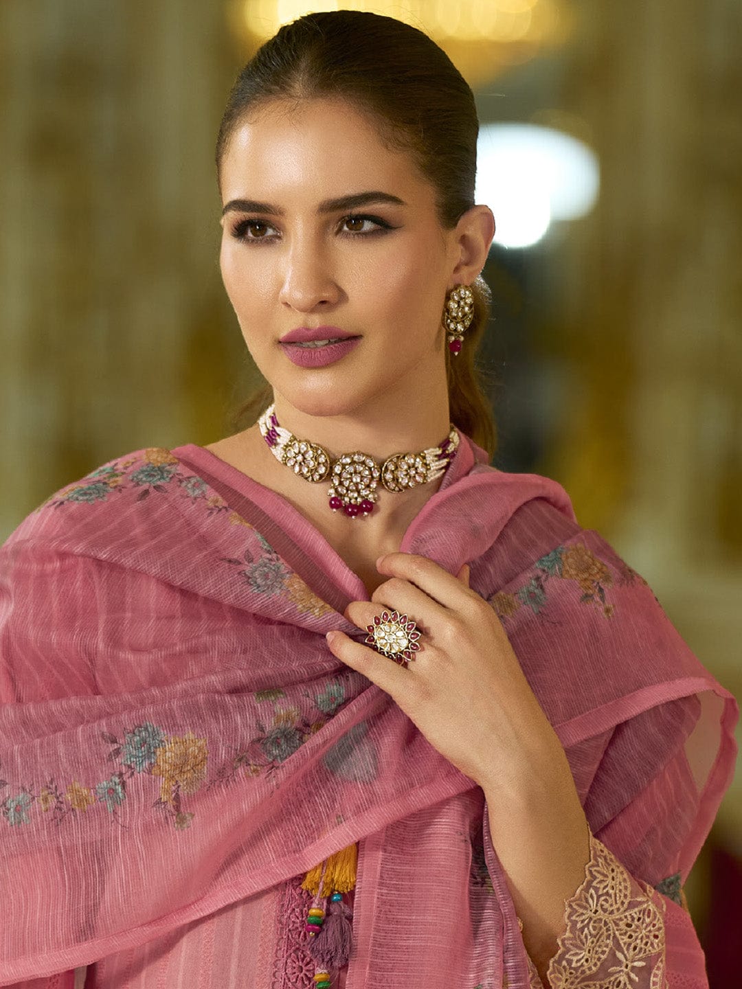 Varanga Women-Floral Motif Thread Embroidered Schiffli & Orangza Lace Detailed Kurta With Trouser & Dupatta