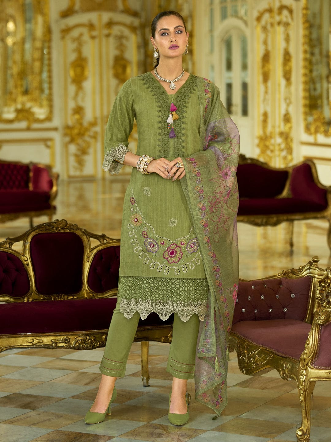 Varanga Women-Floral Motif Thread Embroidered Schiffli & Orangza Lace Detailed Kurta With Trouser & Dupatta