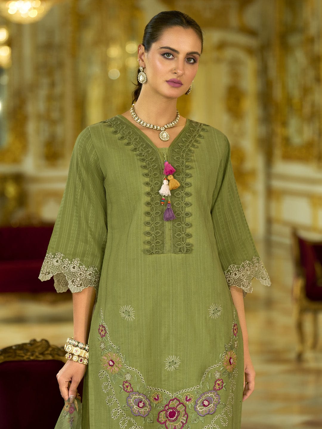 Varanga Women-Floral Motif Thread Embroidered Schiffli & Orangza Lace Detailed Kurta With Trouser & Dupatta