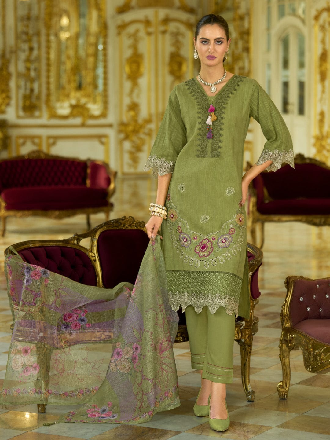 Varanga Women-Floral Motif Thread Embroidered Schiffli & Orangza Lace Detailed Kurta With Trouser & Dupatta