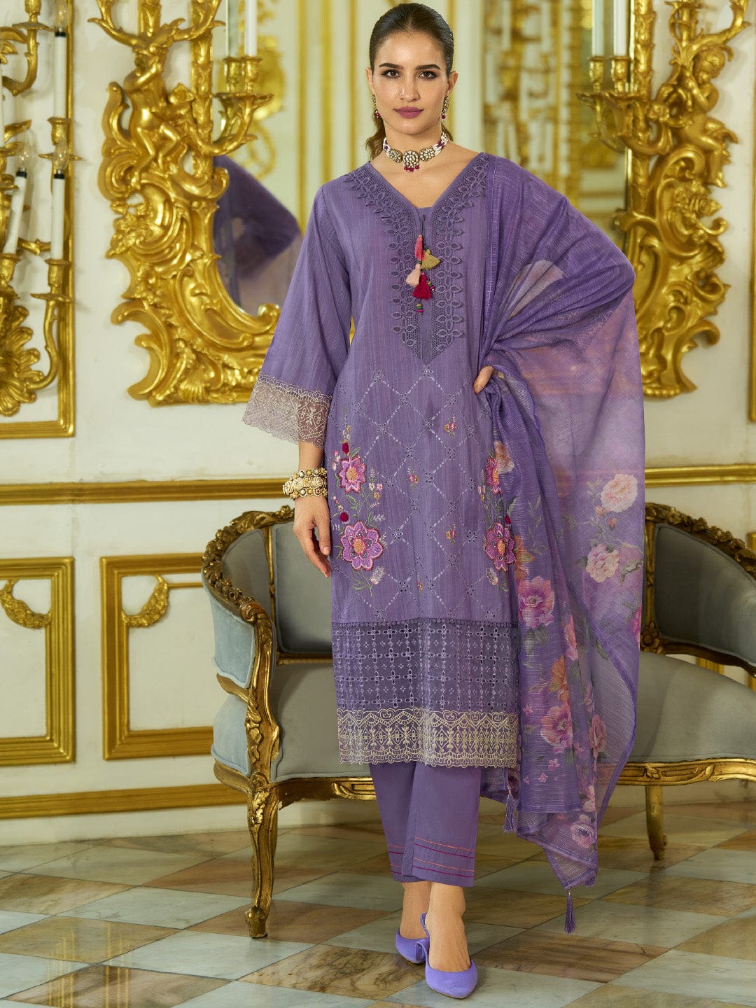 Varanga Women-Floral Motif Thread Embroidered Schiffli & Orangza Lace Detailed Kurta With Trouser & Dupatta