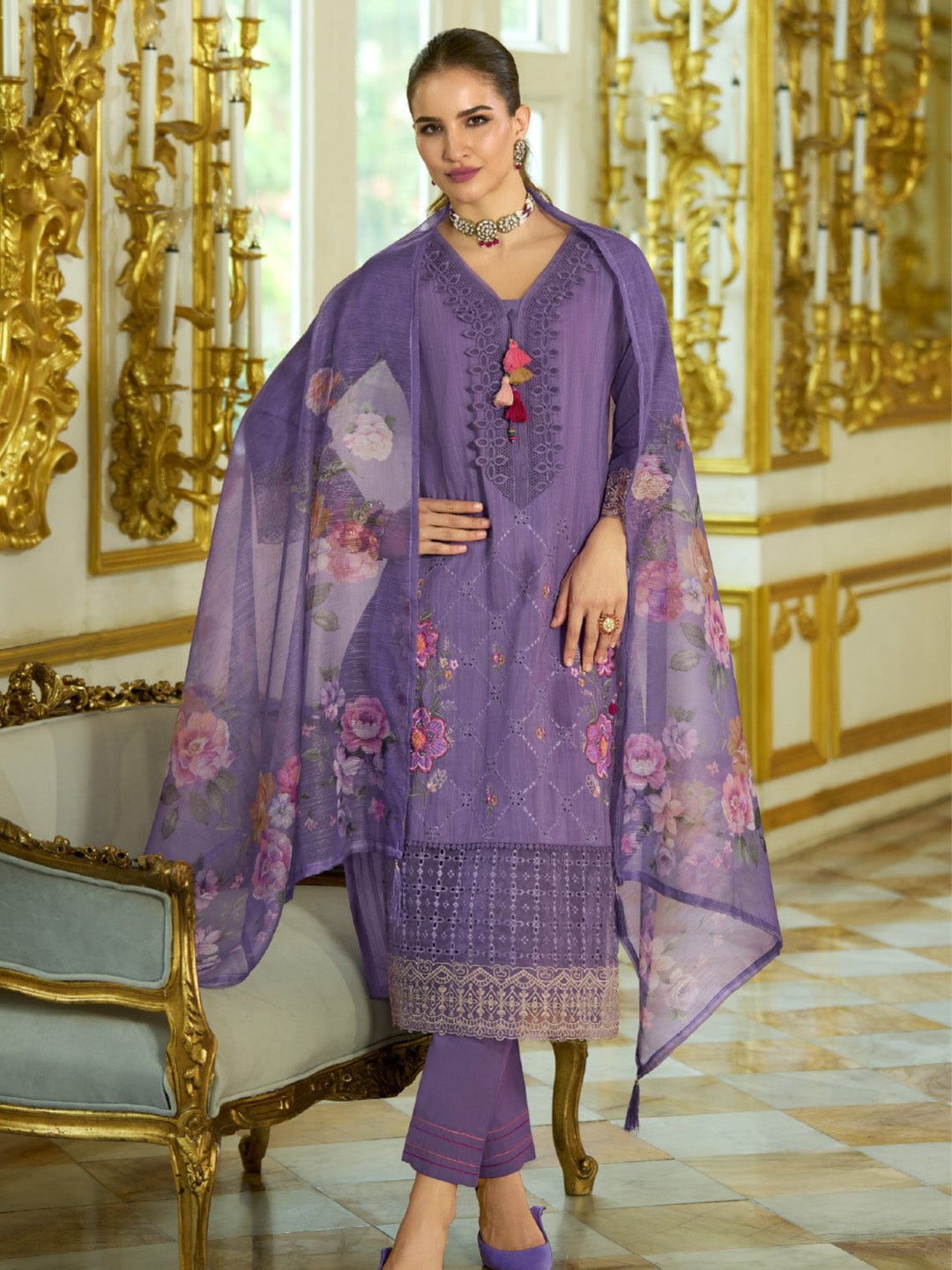 Varanga Women-Floral Motif Thread Embroidered Schiffli & Orangza Lace Detailed Kurta With Trouser & Dupatta