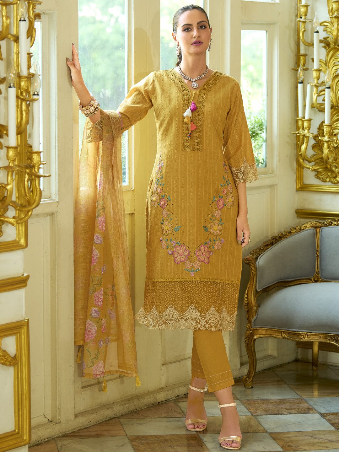 Varanga Women-Floral Motif Thread Embroidered Schiffli & Orangza Lace Detailed Kurta With Trouser & Dupatta