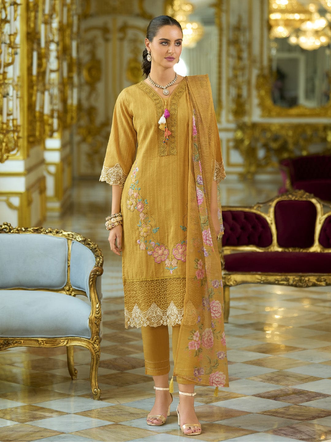 Varanga Women-Floral Motif Thread Embroidered Schiffli & Orangza Lace Detailed Kurta With Trouser & Dupatta