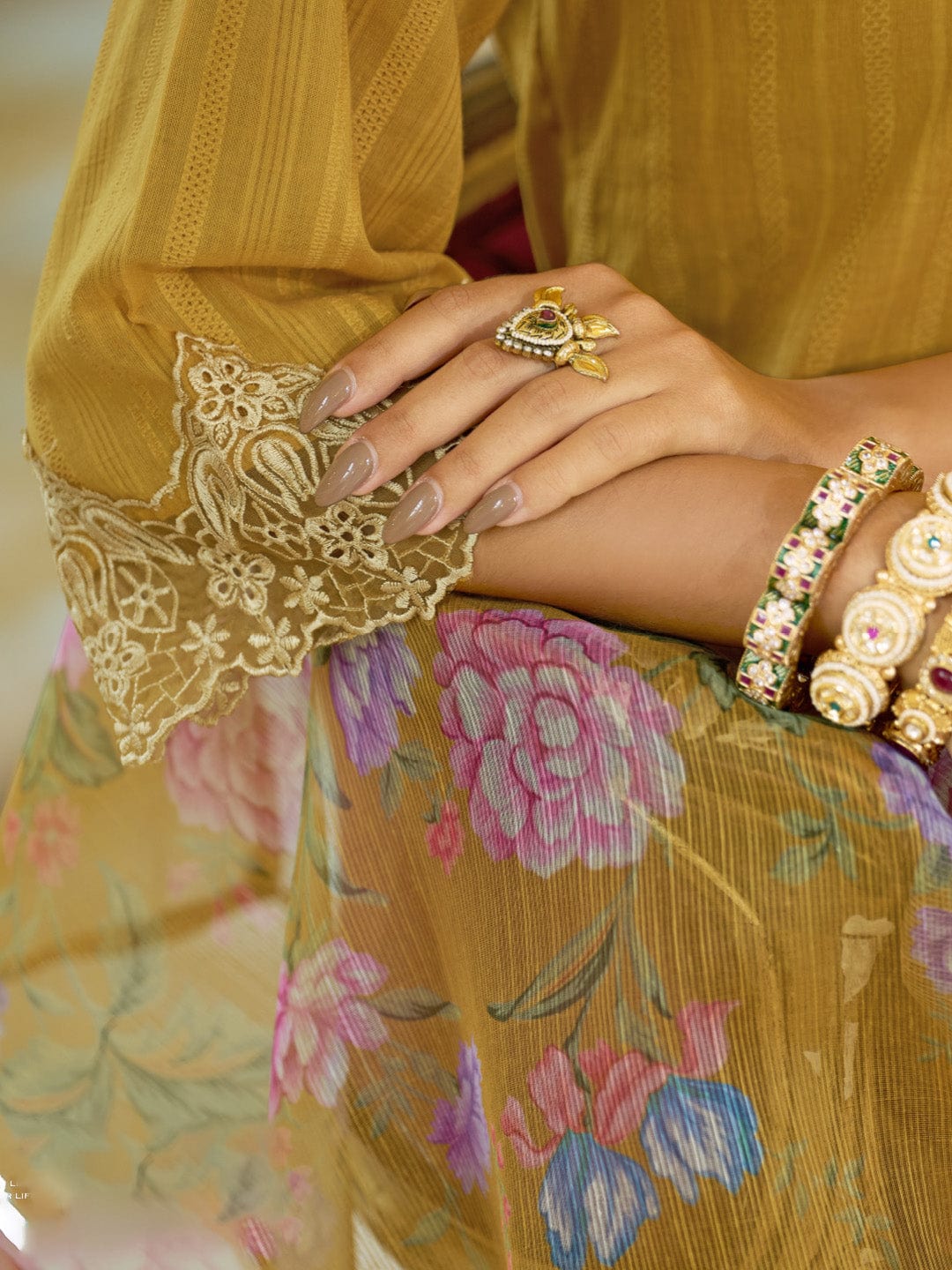 Varanga Women-Floral Motif Thread Embroidered Schiffli & Orangza Lace Detailed Kurta With Trouser & Dupatta