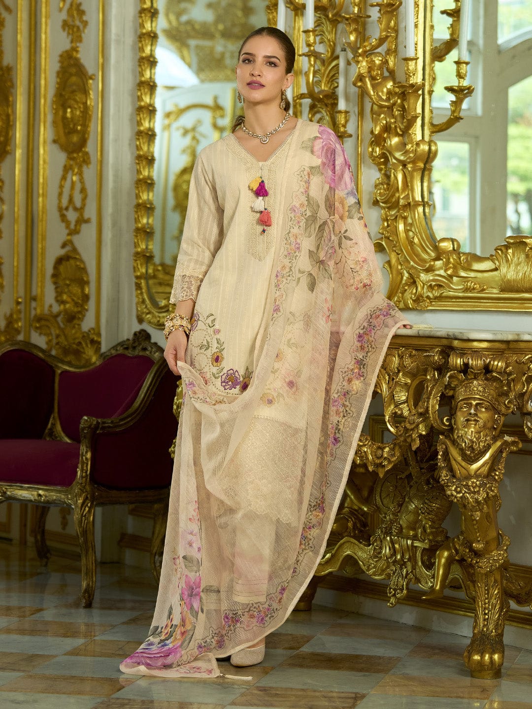 Varanga Women-Floral Motif Thread Embroidered Schiffli & Orangza Lace Detailed Kurta With Trouser & Dupatta