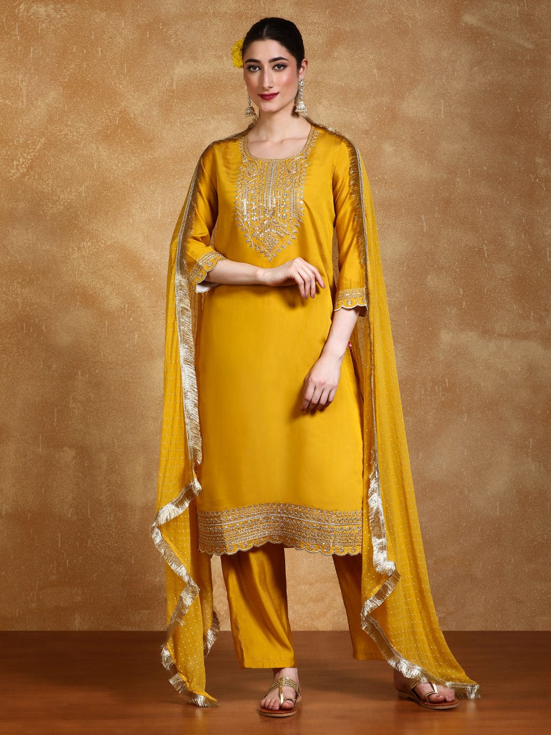 zari embroidered yoke Kurta With trouser and Dupatta