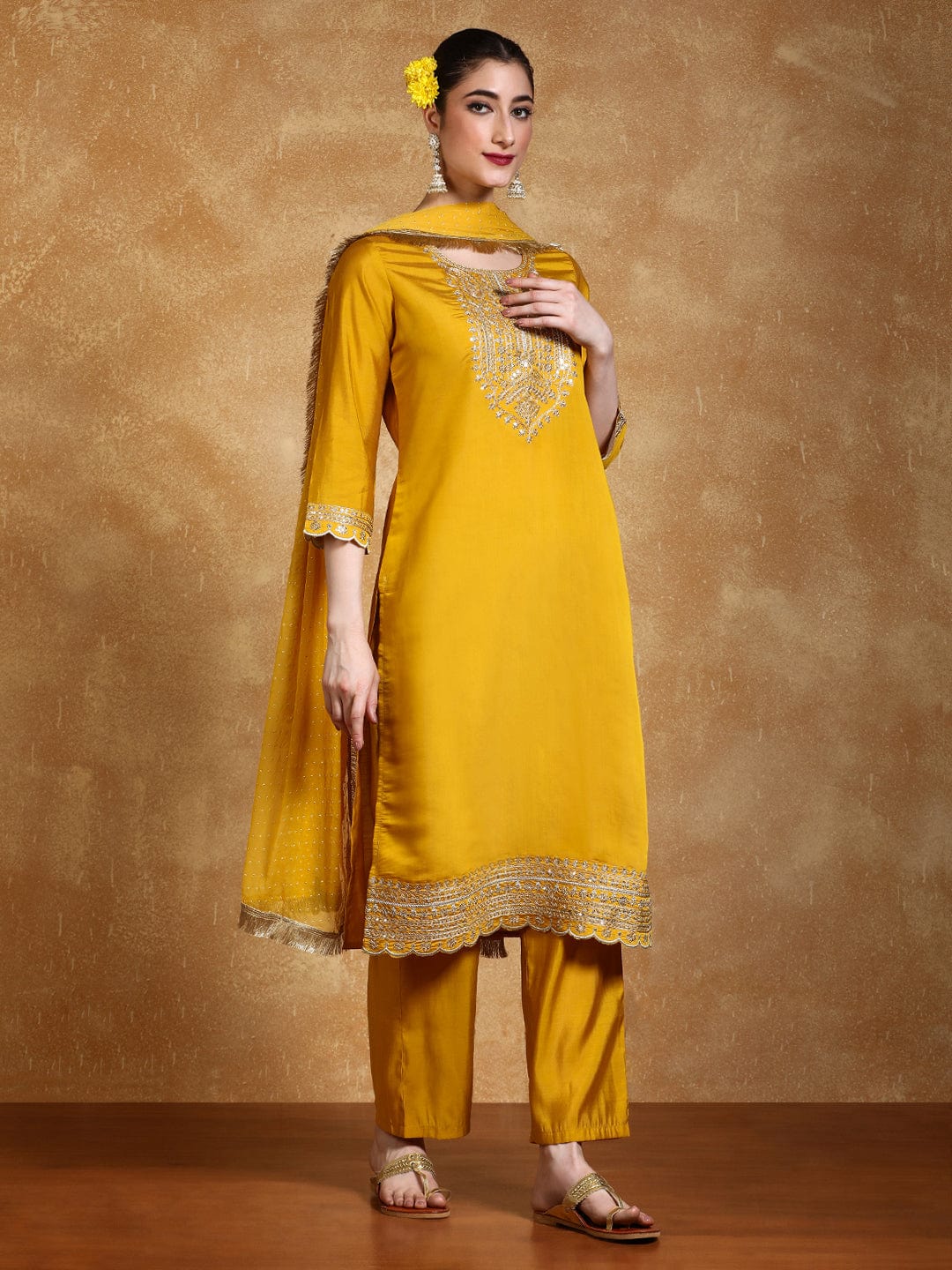 zari embroidered yoke Kurta With trouser and Dupatta