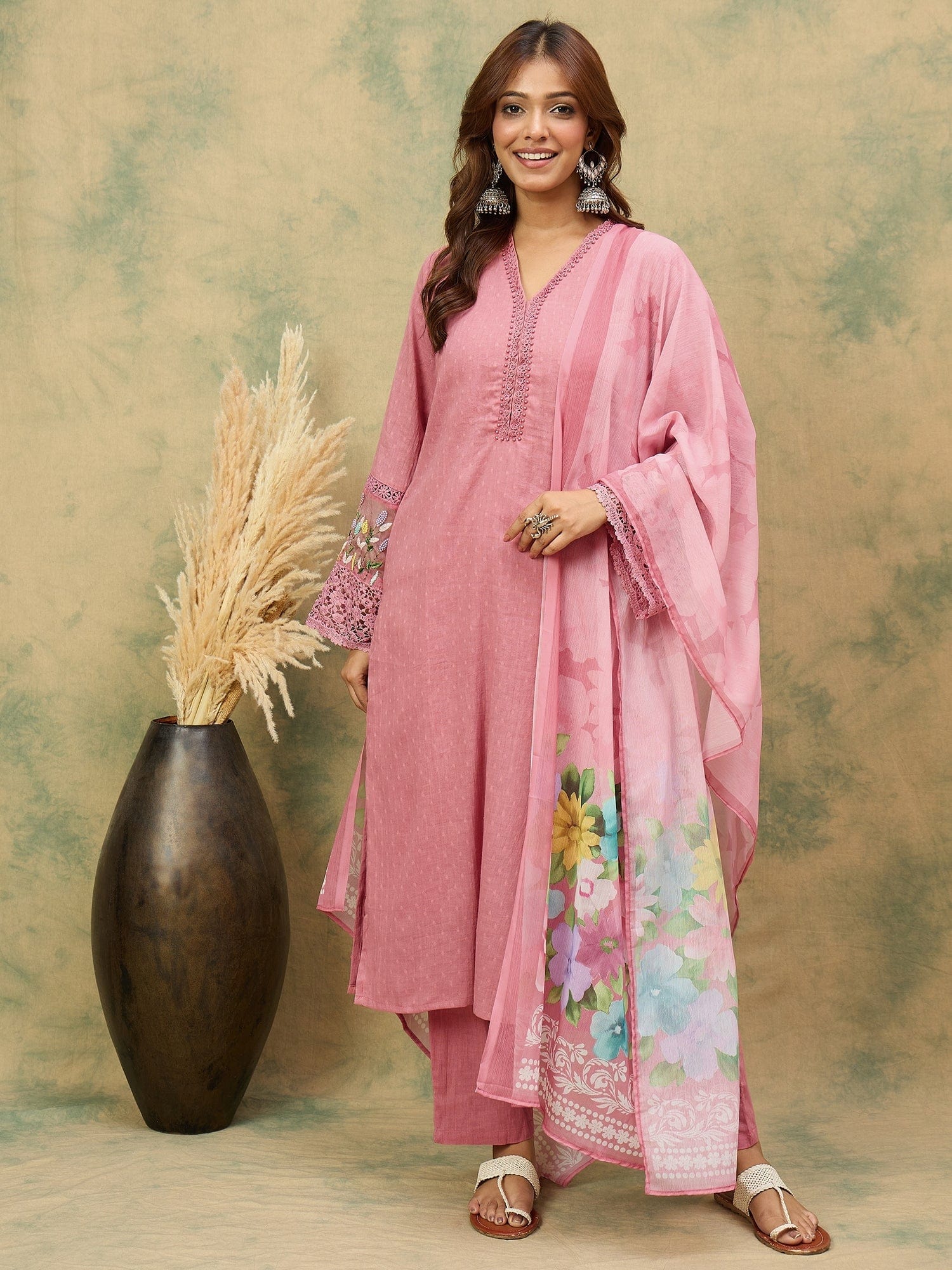 varanga Women A Graceful 3-Piece Set Featuring A Pink Self-Design Straight-Fit Kurta With Bell Sleeves, Solid Ankle-Length Trousers, And A Floral  Printed Dupatta For A Timeless Ethnic Look.
