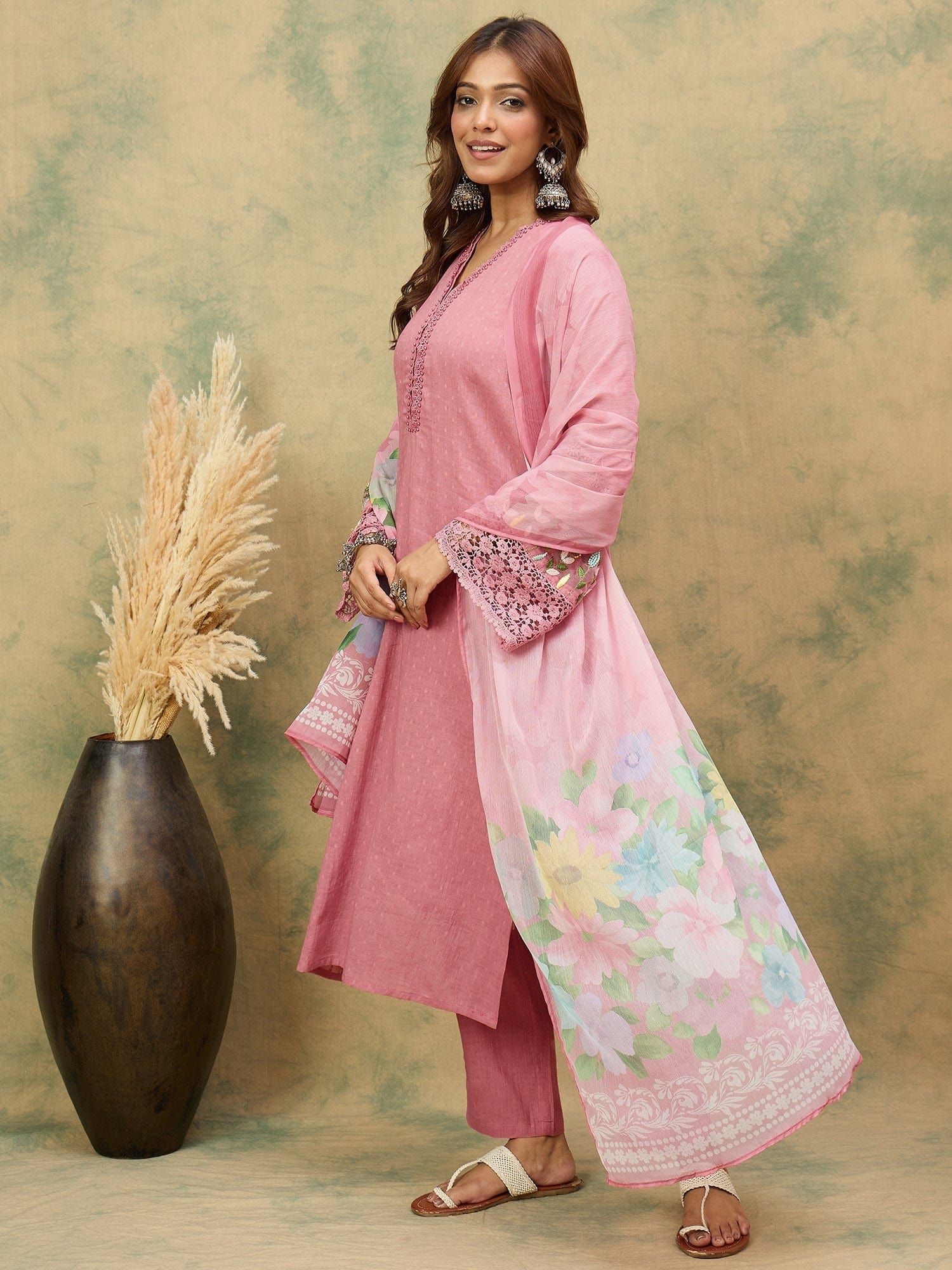 varanga Women A Graceful 3-Piece Set Featuring A Pink Self-Design Straight-Fit Kurta With Bell Sleeves, Solid Ankle-Length Trousers, And A Floral  Printed Dupatta For A Timeless Ethnic Look.