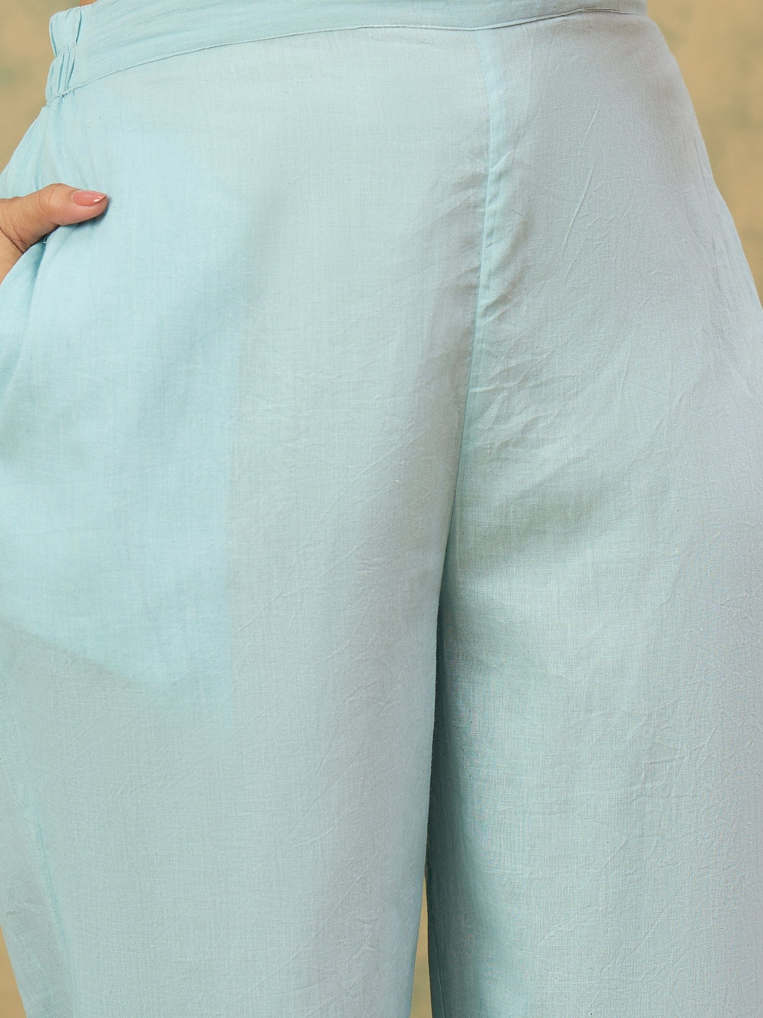 varanga Women A Graceful 3-Piece Set Featuring A Sky Blue Straight-Fit Kurta With Bell Sleeves, Solid Ankle-Length Trousers, And A Floral  Printed Dupatta For A Timeless Ethnic Look.