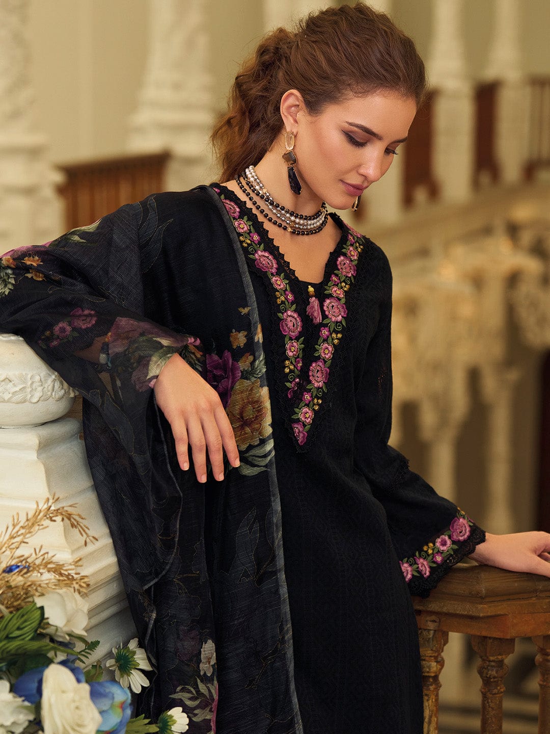 Varanga Women Floral Motif Thread Embroidered & Orangza Lace Detailed Kurta With Trouser & Dupatta