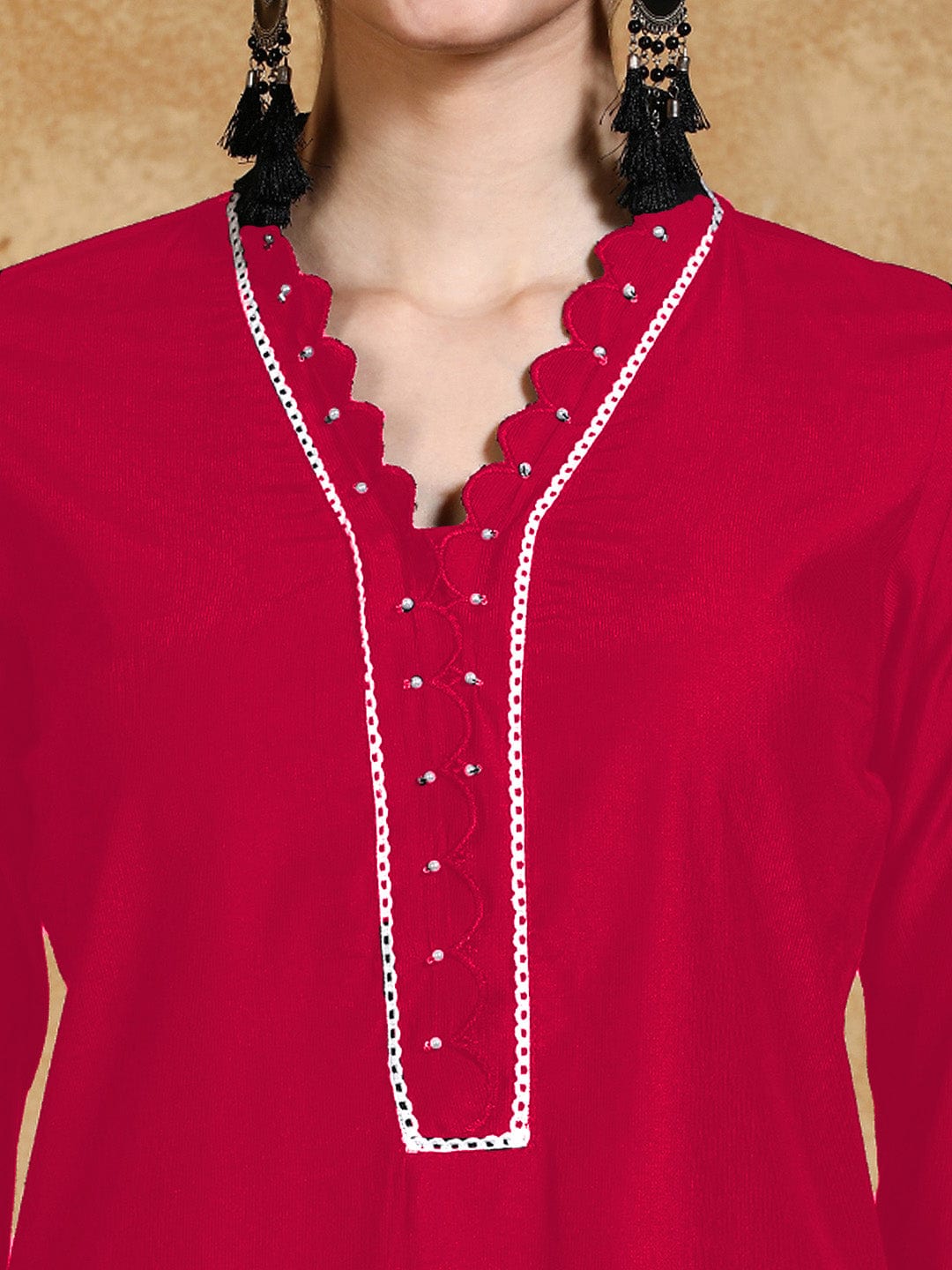 Varanga Women Kurta Set With 3D Work On The Sleeves Paired With Solid Trousers And Dupatta.