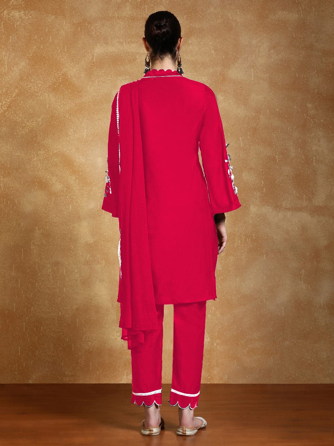 Varanga Women Kurta Set With 3D Work On The Sleeves Paired With Solid Trousers And Dupatta.
