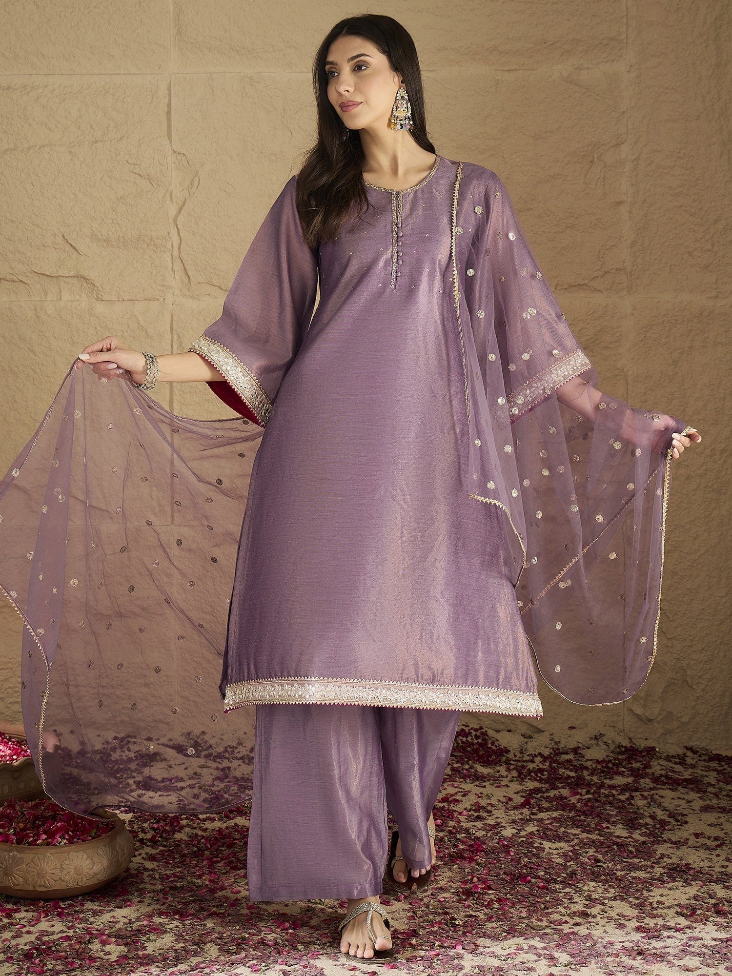 Varanga Women Elegant Three-Piece Brown Shimmer Kurta Set With Sequin Detailing, Solid Ankle-Length Trousers, And An Embroidered Dupatta
