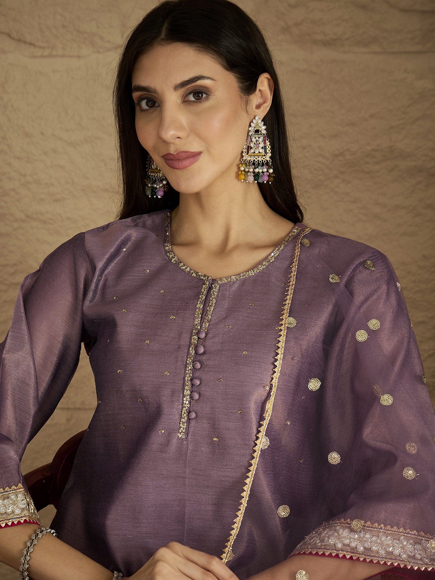 Varanga Women Elegant Three-Piece Brown Shimmer Kurta Set With Sequin Detailing, Solid Ankle-Length Trousers, And An Embroidered Dupatta