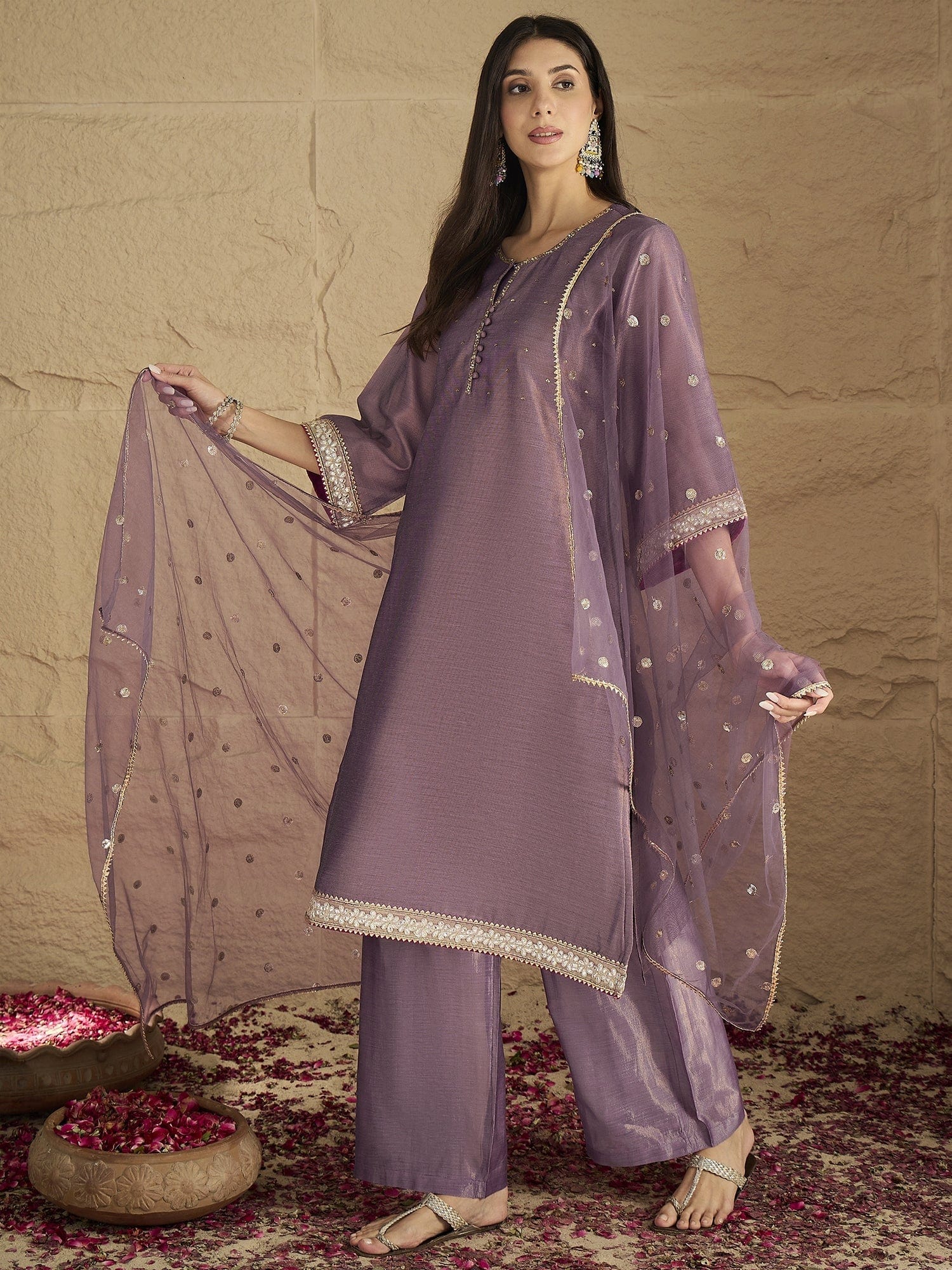 Varanga Women Elegant Three-Piece Brown Shimmer Kurta Set With Sequin Detailing, Solid Ankle-Length Trousers, And An Embroidered Dupatta