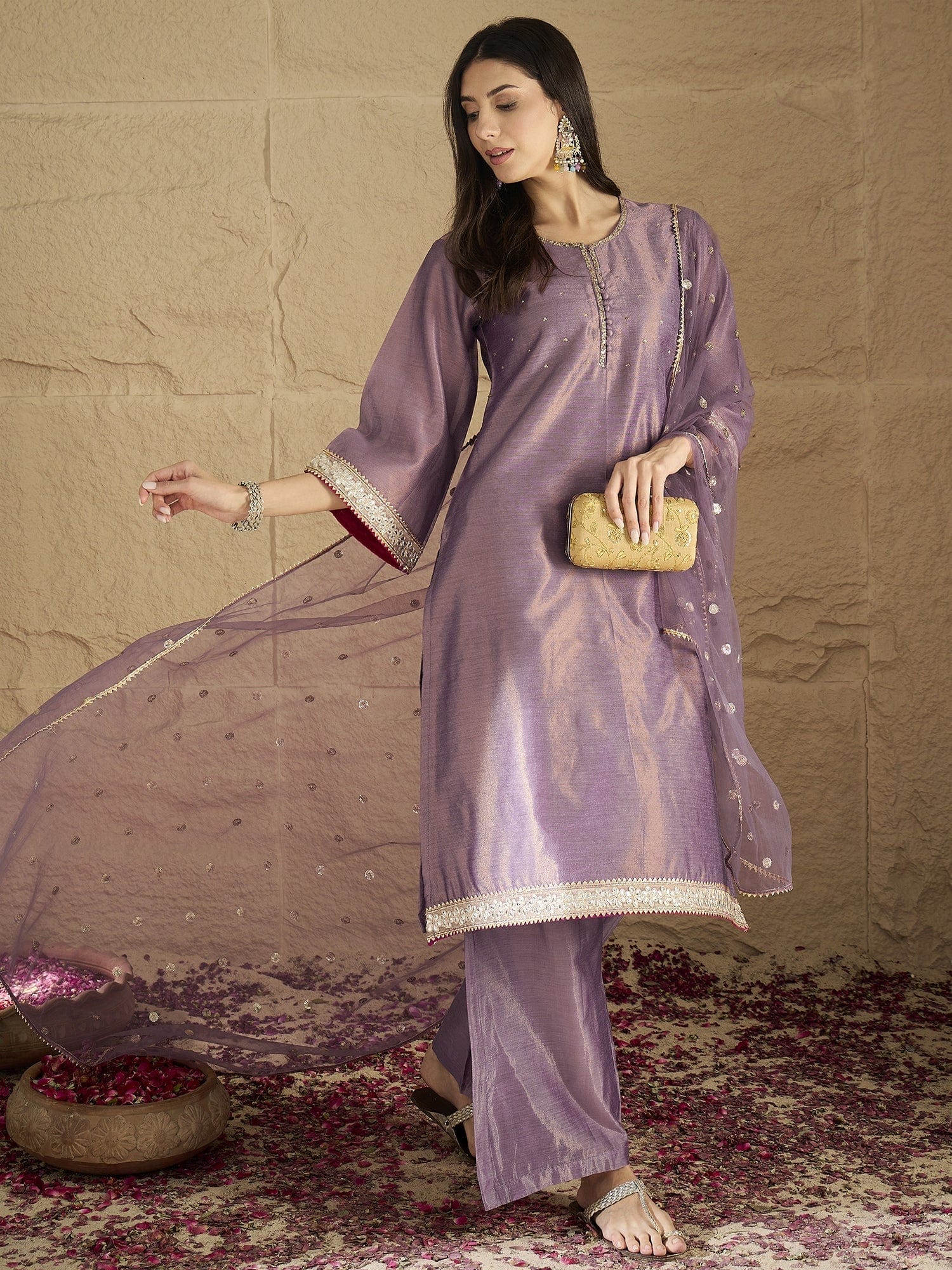 Varanga Women Elegant Three-Piece Brown Shimmer Kurta Set With Sequin Detailing, Solid Ankle-Length Trousers, And An Embroidered Dupatta