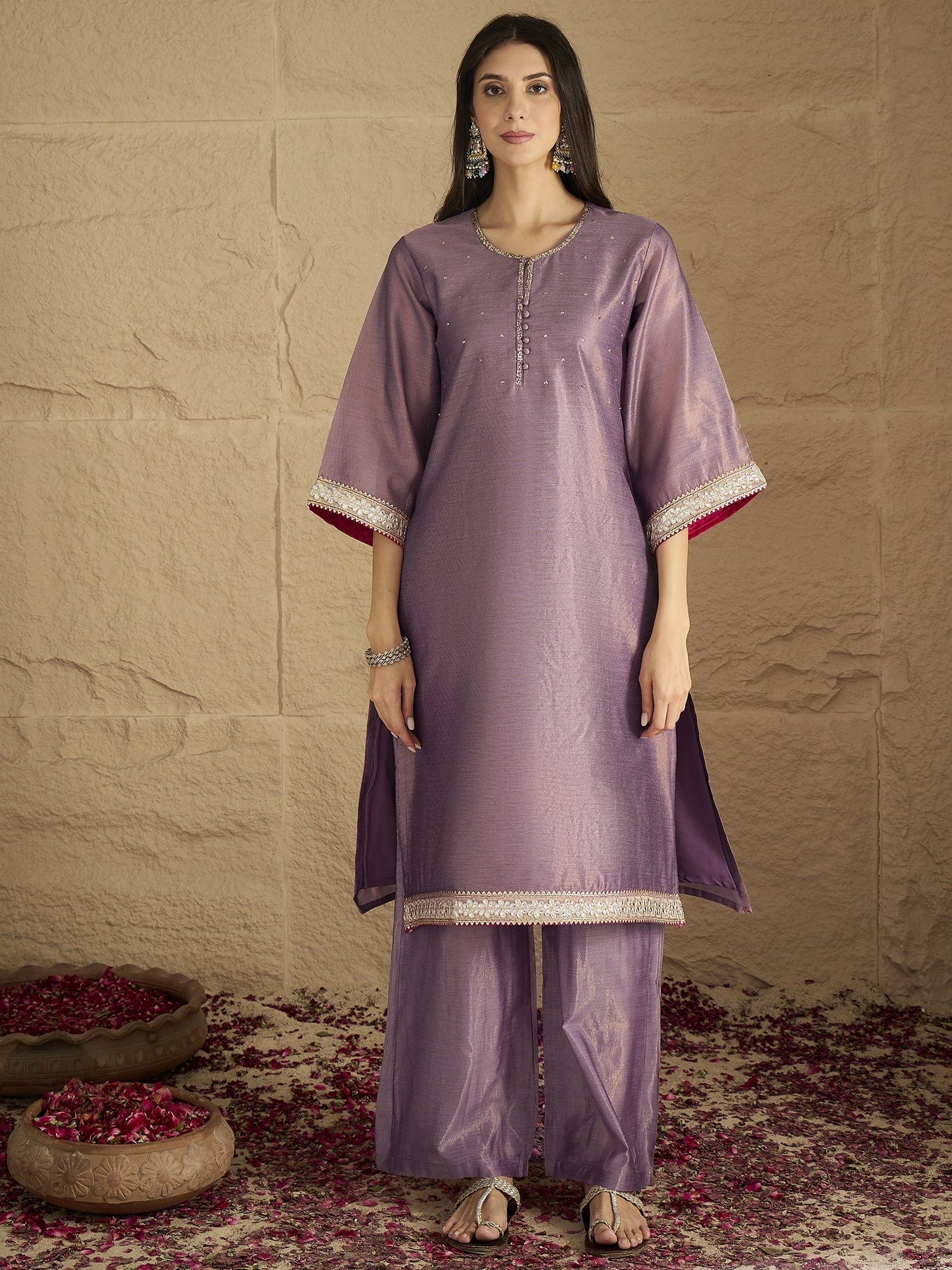 Varanga Women Elegant Three-Piece Brown Shimmer Kurta Set With Sequin Detailing, Solid Ankle-Length Trousers, And An Embroidered Dupatta