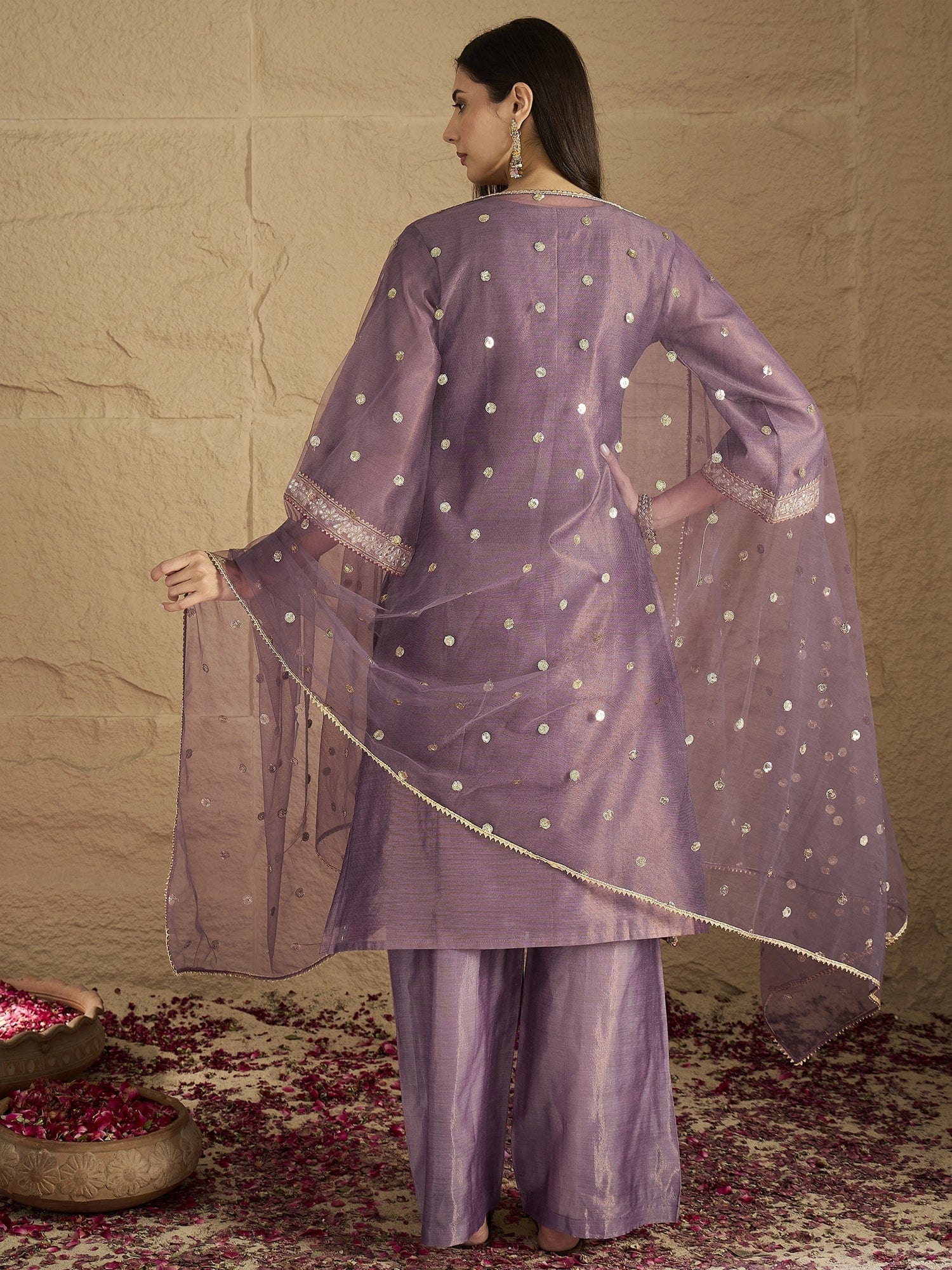 Varanga Women Elegant Three-Piece Brown Shimmer Kurta Set With Sequin Detailing, Solid Ankle-Length Trousers, And An Embroidered Dupatta