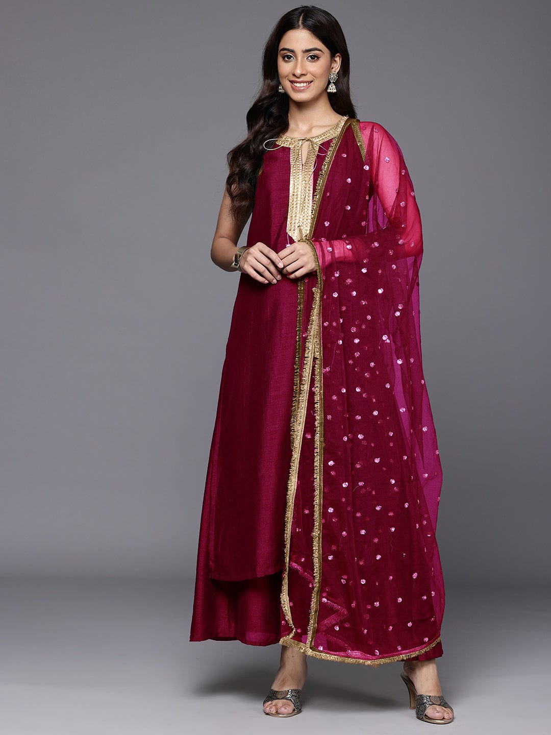 Varanga Women Fuchsia Lace Embellished Sleeveless Straight Kurta Paired With Tonal Plazzo And Dupatta