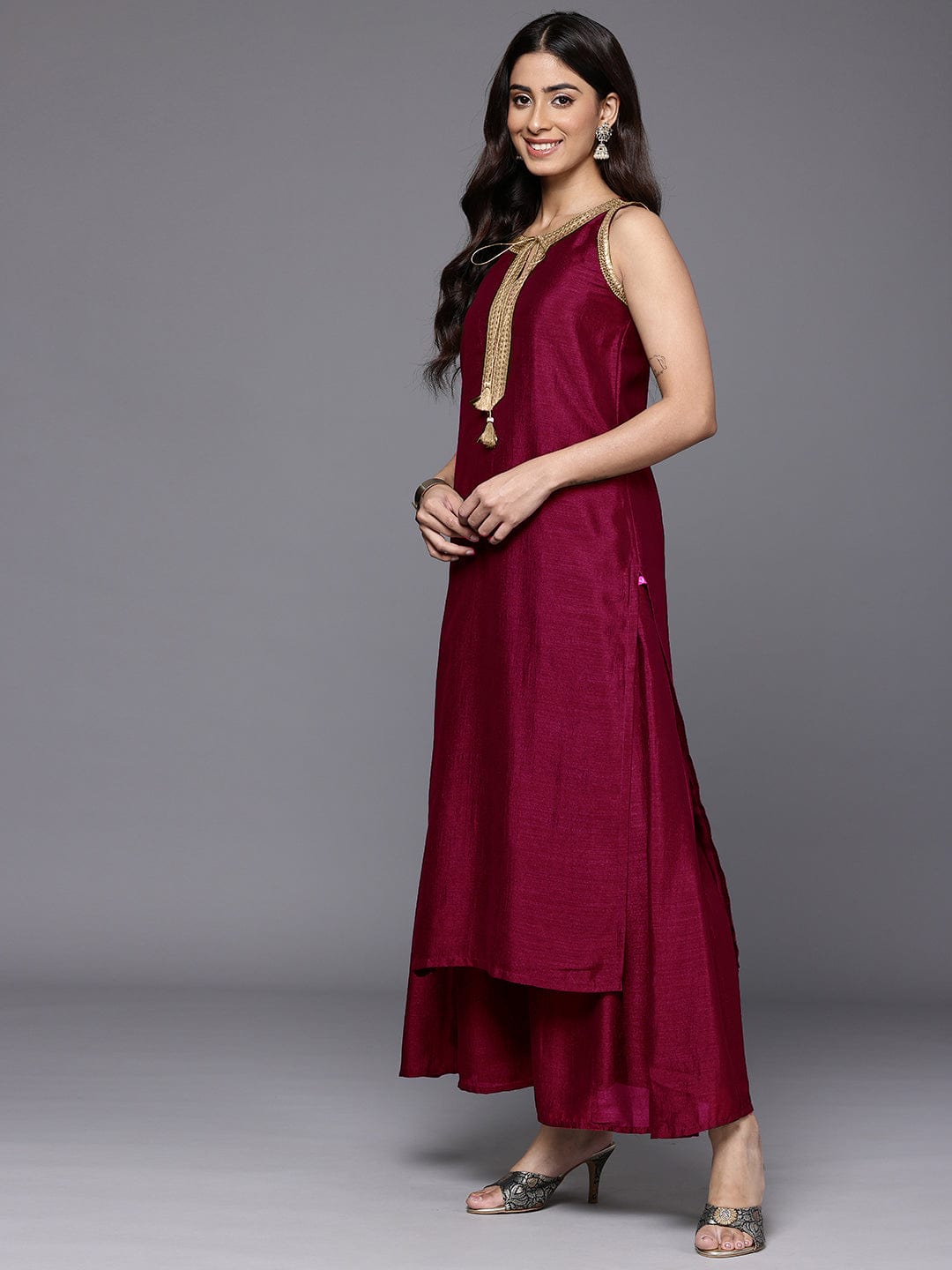 Varanga Women Fuchsia Lace Embellished Sleeveless Straight Kurta Paired With Tonal Plazzo And Dupatta
