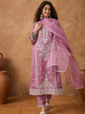 Kurta with thread embroidery paired with trousers with embroidered hem and booti embroidered dupatta