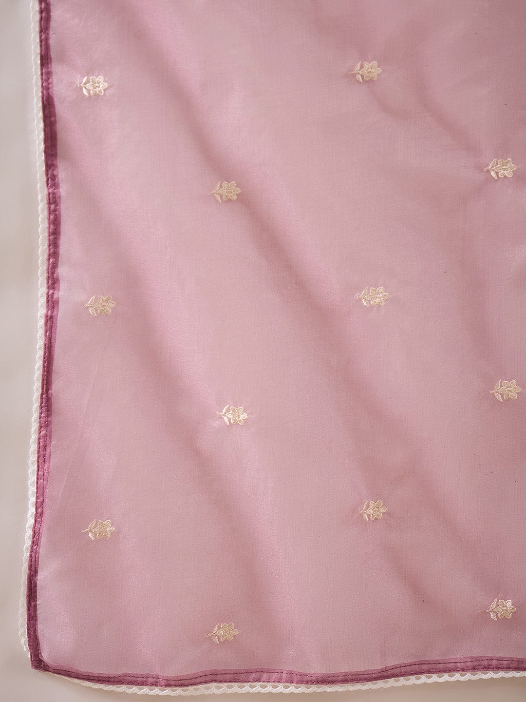 Kurta with thread embroidery paired with trousers with embroidered hem and booti embroidered dupatta
