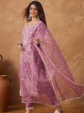 Kurta with thread embroidery paired with trousers with embroidered hem and booti embroidered dupatta