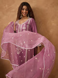 Kurta with thread embroidery paired with trousers with embroidered hem and booti embroidered dupatta