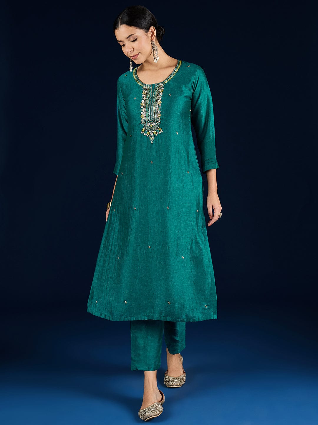 Varanga Purple 3-Piece Set With A Beadwork Yoke Kurta, Solid Trousers And Dupatta