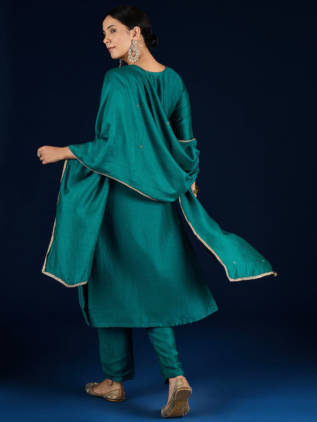 Varanga Purple 3-Piece Set With A Beadwork Yoke Kurta, Solid Trousers And Dupatta